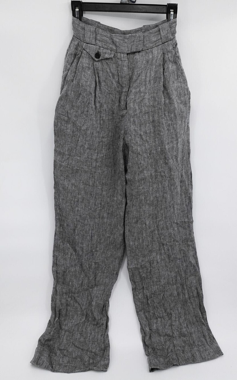 Shona Joy Pants Womens 2 Gray Herringbone High-Rise Pleated 100% Linen Lined